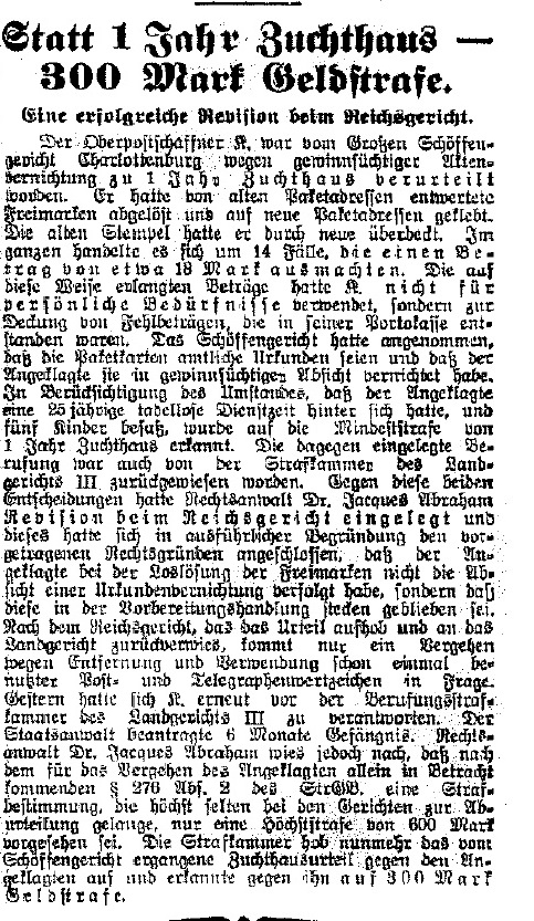 Statt 1 Jahr Zuchthaus 300 Mark Geldstrafe